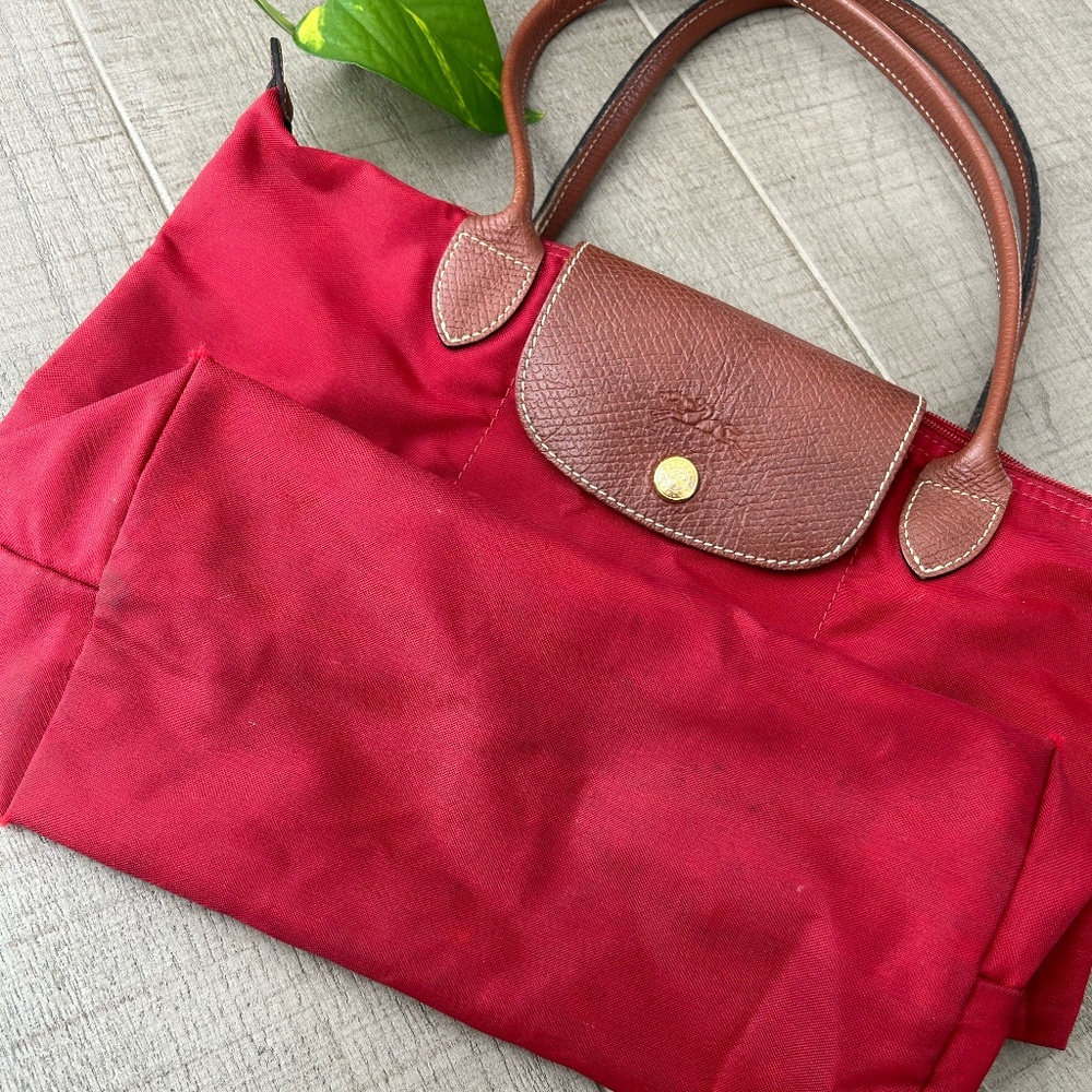 Longchamp Le Pliage Small Satchel Bag – Red/Leather Trim